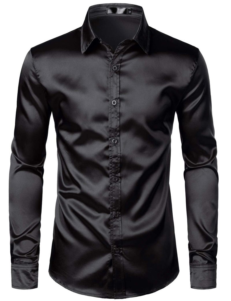 ZEROYAA Men's Luxury Shiny Silk Like Satin Button Up Dress Shirts ZLCL14-Black X-Large - Image 2